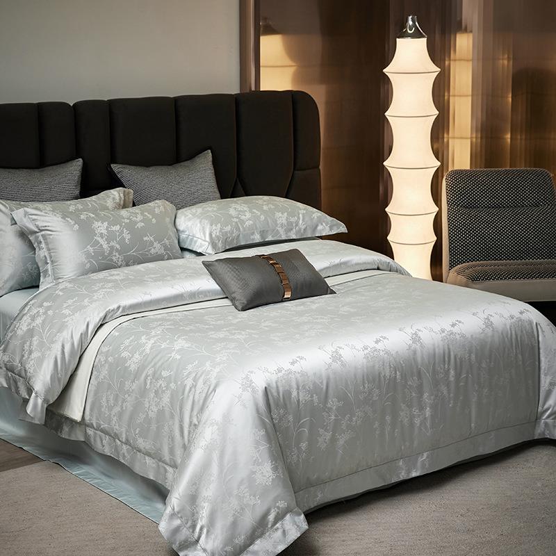 高端120支THE被纯棉色织提四件套a类母婴床级奢华贡缎套花床单上