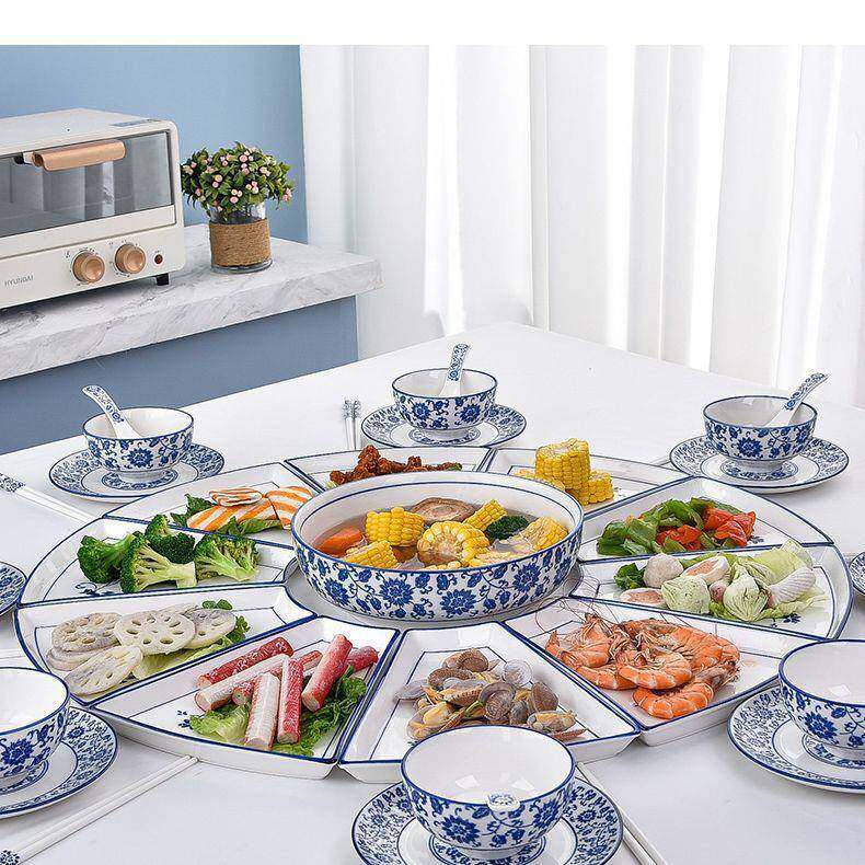 盘子菜盘家用形Z1204过扇年碗碟陶组瓷套红盘团圆网套装圆桌拼盘