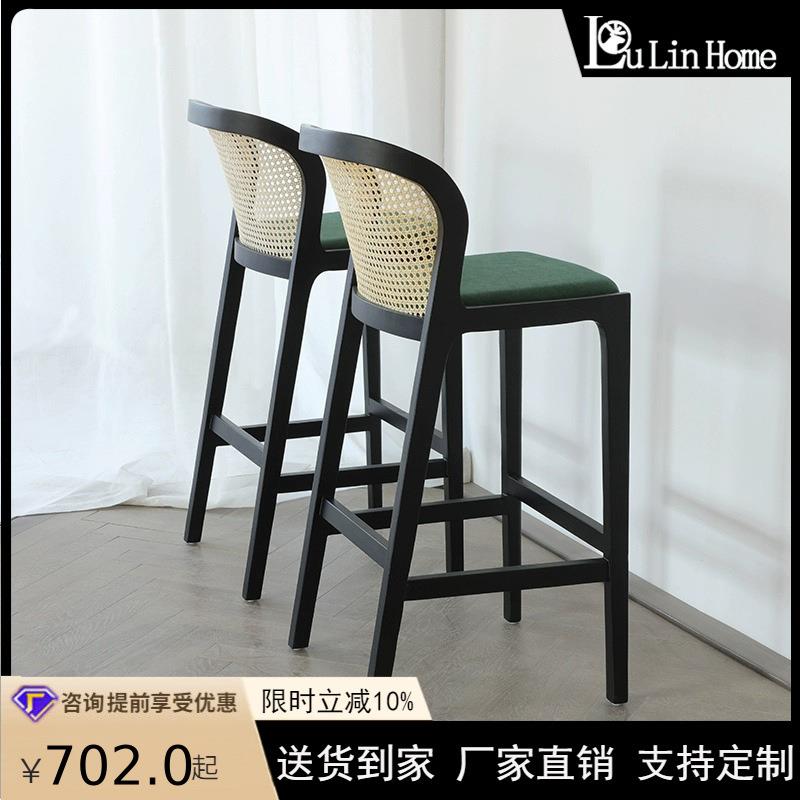 法式实藤编酒吧椅简约黑色商用吧台椅设木师创意计酒吧BY-1子高脚