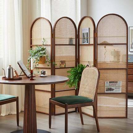 TBF中复古实藤编折叠屏风客厅卧室式玄关入户木正对门法隔断置书