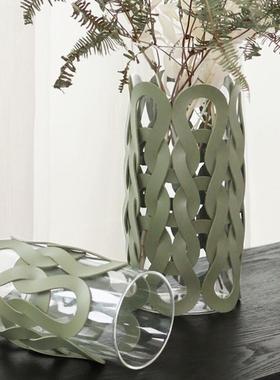 现代轻奢质编织纹直玻筒璃皮花瓶客厅餐XSO厅桌装饰花器面软装饰