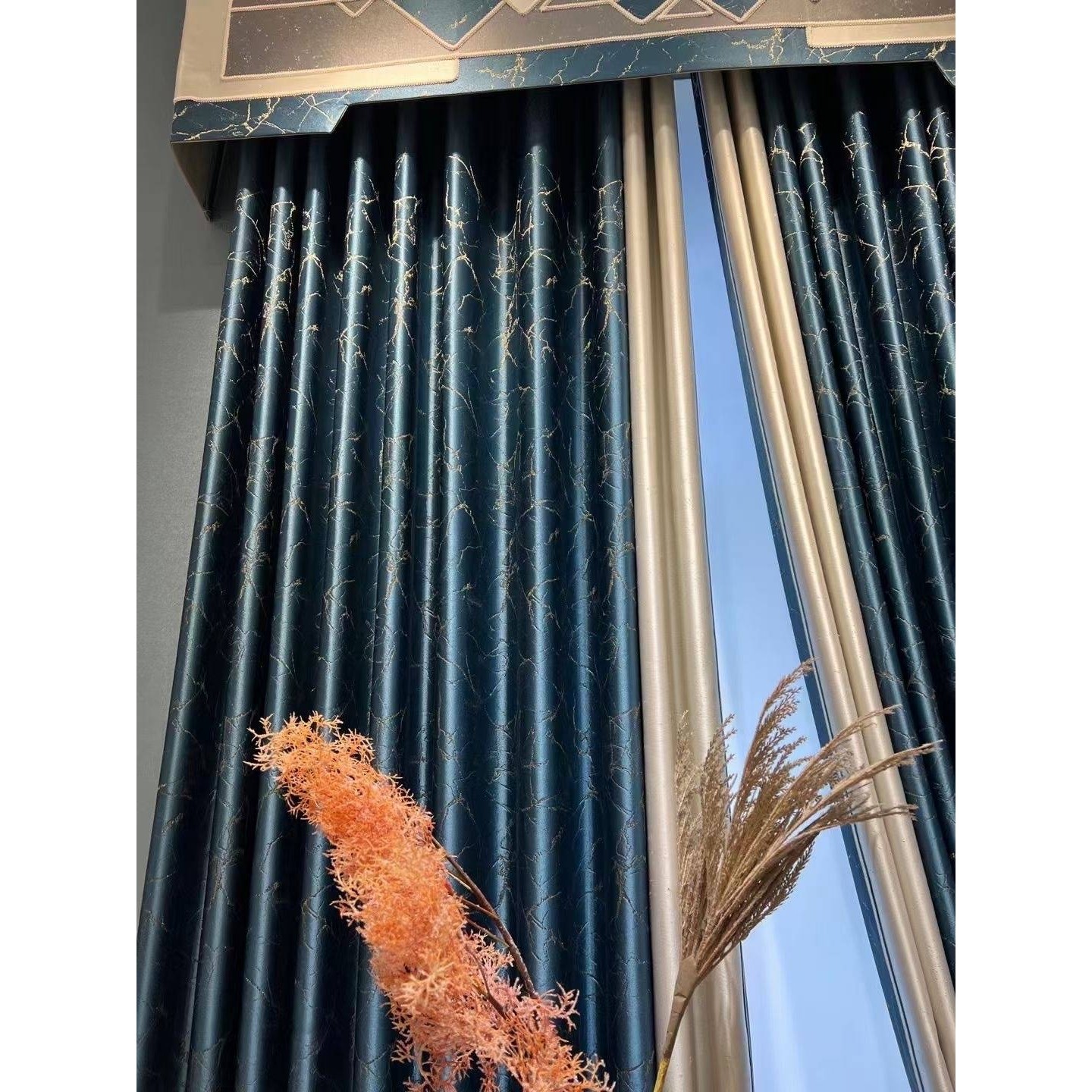 I简美/别墅排屋高定面料/超重1350克/石裂纹高精密提花窗帘厂成品