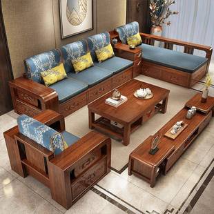 现代中式 实木沙实发客厅全木夏冬两木用小户型储物沙发组930合X质