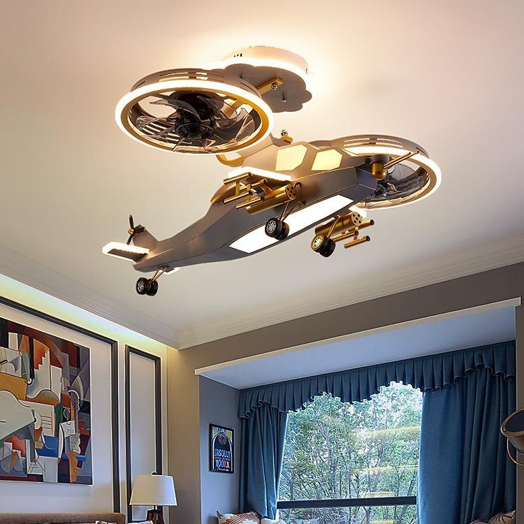 儿房灯个性创意机卡通女孩飞机风扇童灯战550斗直升男模型卧室吊