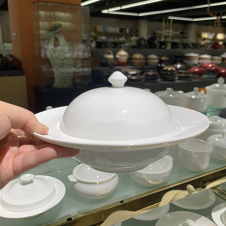 陶瓷带盖鲍翅盅400ml带盖陶瓷盅西式盅西餐盘子带盖 厂家