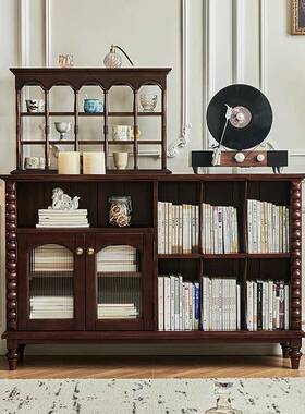 法式复古实木书柜别墅中古客46520厅刻雕边风储物柜美式轻柜奢收