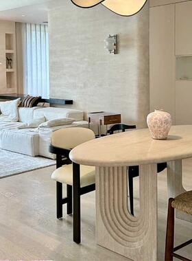 中天然超白洞石椭圆餐桌桌法式4721复古诧古寂风天然大理石餐现代