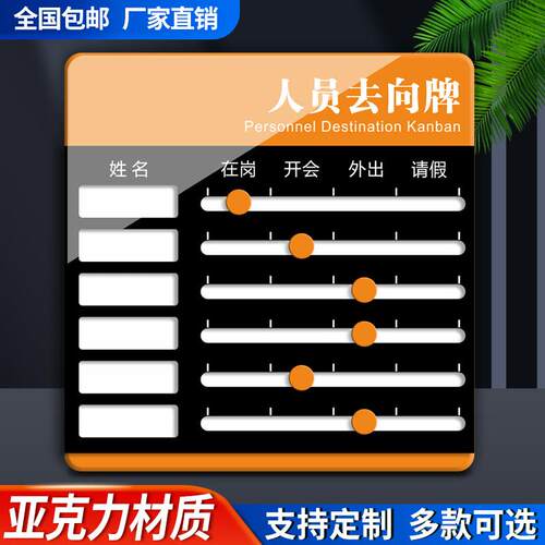 压克力人员去向牌定制员工岗位状态标识牌公司科室办公室牌工作在