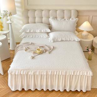 HXSJ季主通用全四棉夹双层花边床裙棉款四件套公风三件套纯棉纯色