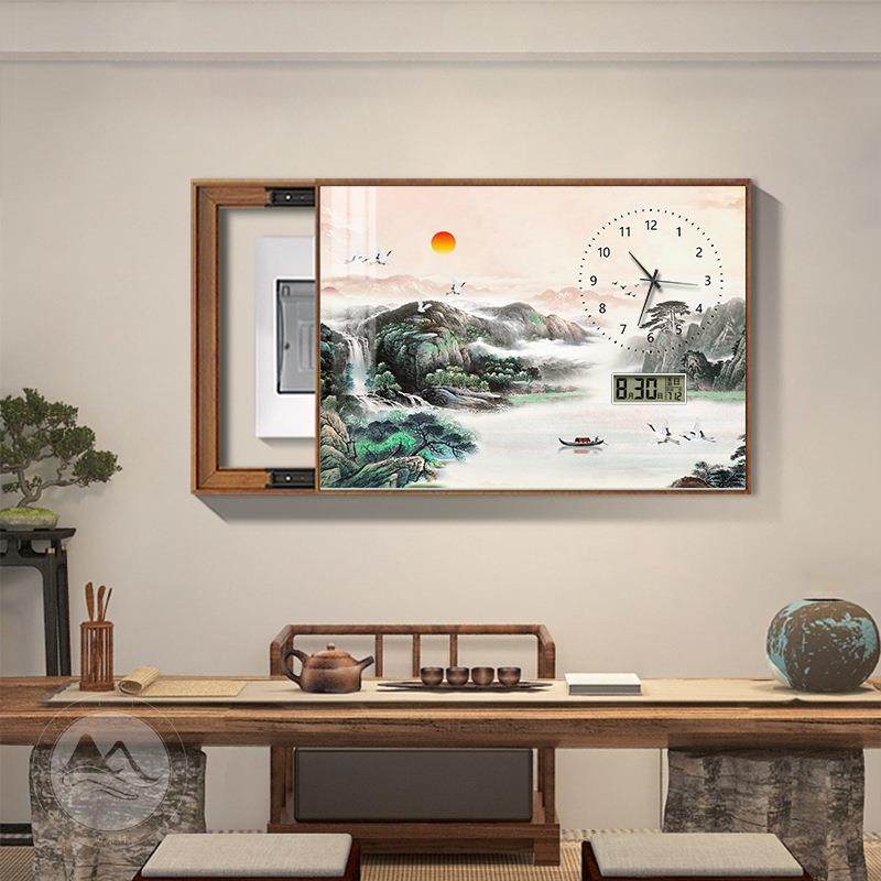 山表水免新画电箱装饰画带钟表打孔中VBR式遮挡画万年历电子钟挂