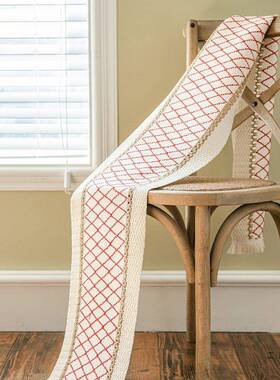 美织式复古红色网格编流苏桌桌旗圣诞BZA节日氛围感装饰餐垫茶几