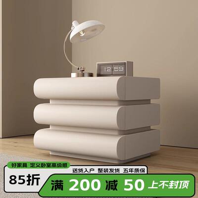 月半轻奢实木床头柜简约现代奶油风卧室意式黑皮质落地储物边柜子