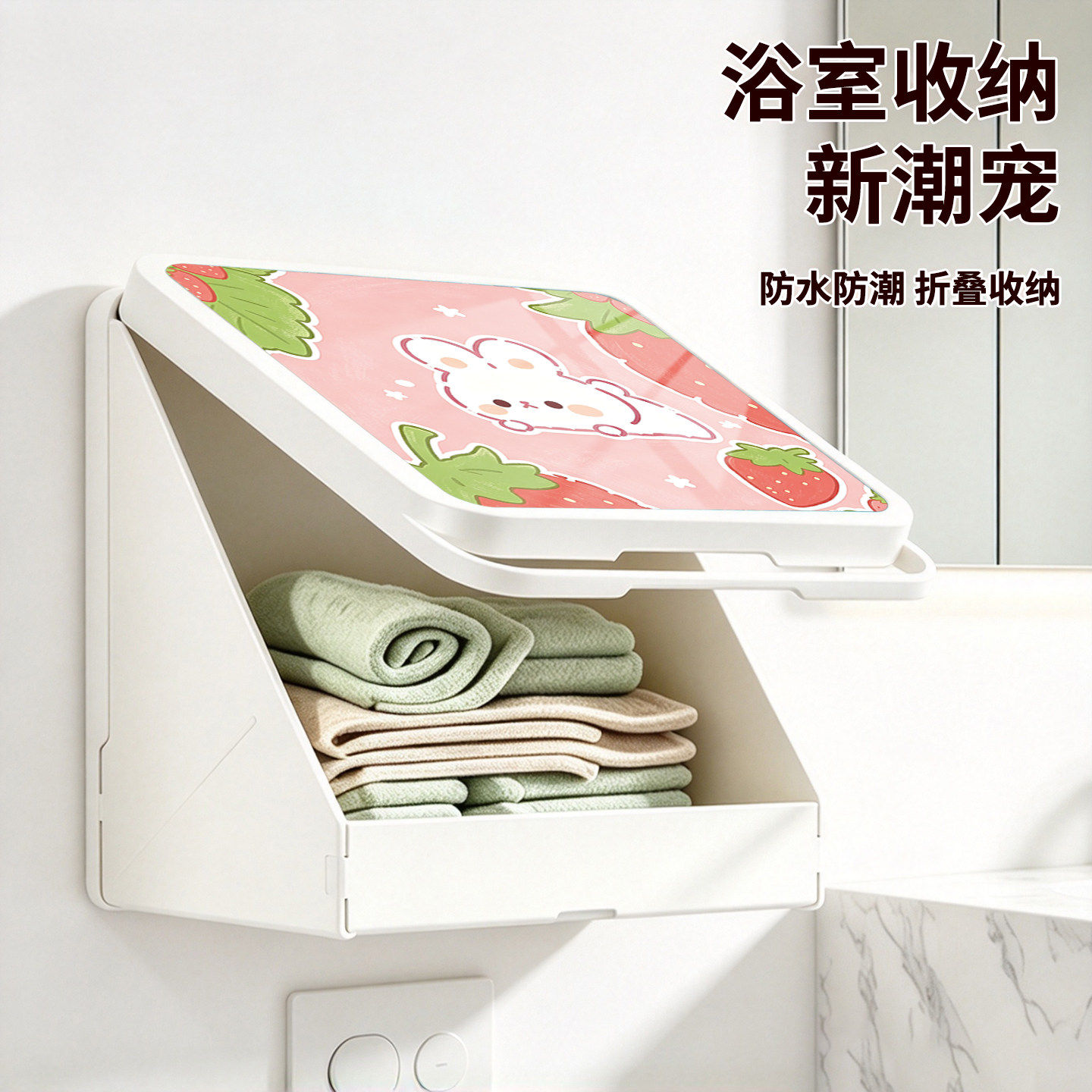 奶油风浴室壁画收纳箱放衣服神器卫生间洗澡置物架厕所壁挂折叠盒