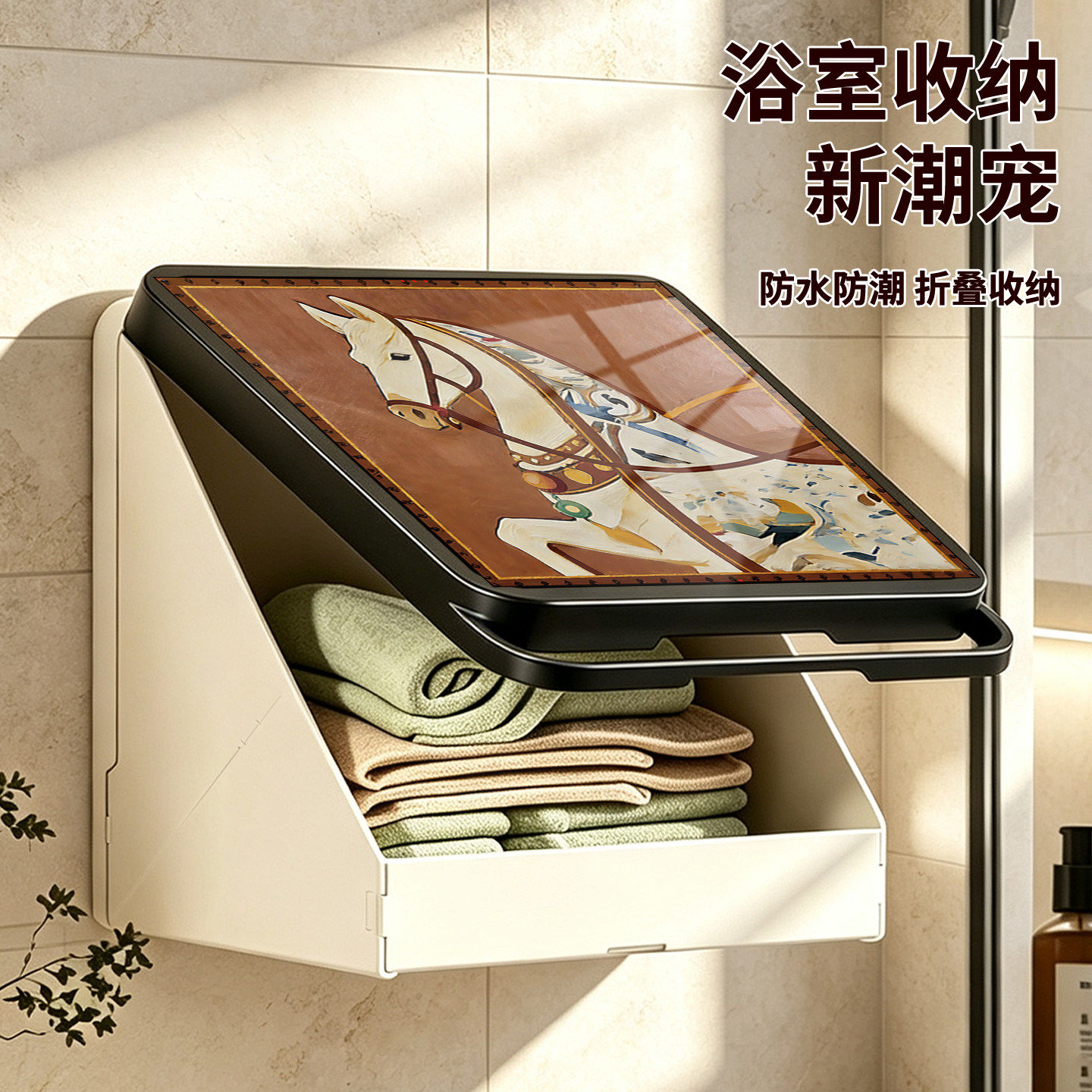 中古风浴室壁画收纳箱放衣服神器卫生间洗澡置物架厕所壁挂折叠盒