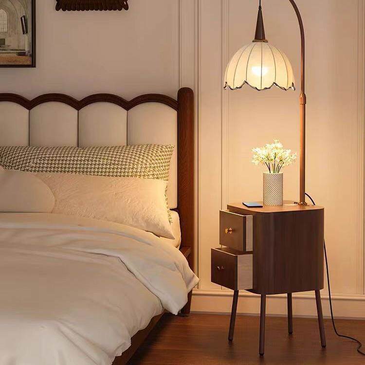 中古风置物架落地灯卧室装饰复古沙发边几客厅茶几床头柜台灯一体