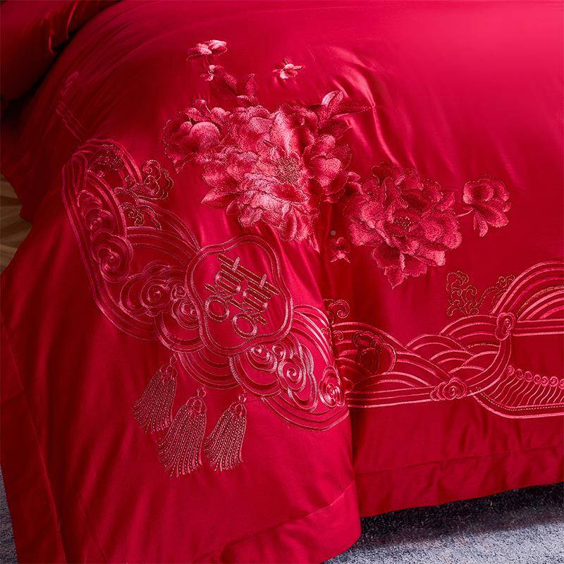 婚庆四件套红棉刺绣棉结婚纯大色婚房全礼JME绣花床品喜被床上用