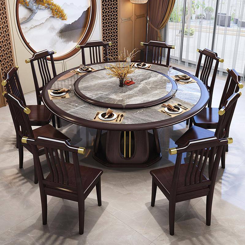 实带木桌岩椅家用圆形饭桌RBP转盘2米m新中式板大圆桌饭桌12餐人