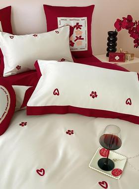 婚庆四件全套棉大红色单被套床纯用棉刺绣陪嫁新婚结TEM婚床上品