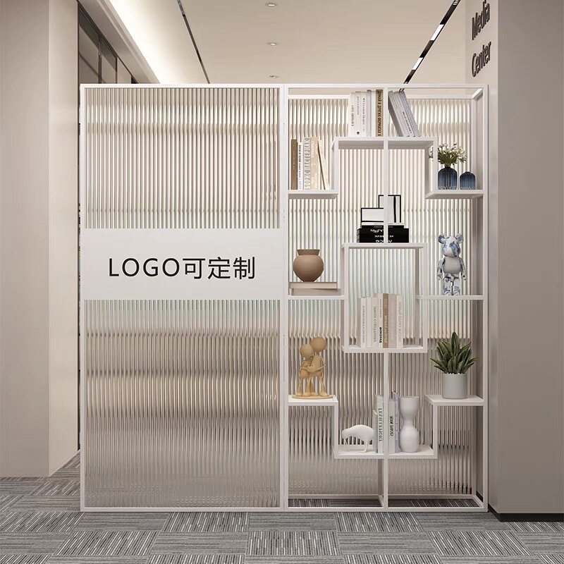 公司前台logo铁艺玻璃隔断展示架办公室隔断屏风展厅形象墙置物架
