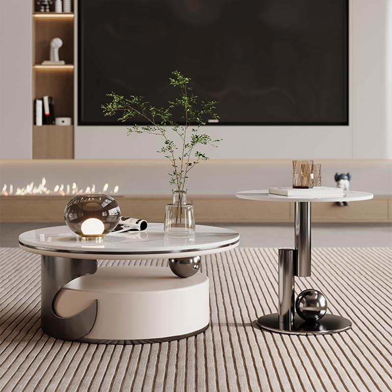轻奢圆形岩茶几家用几客厅小户型简桌板约茶大理石茶边几组合TOS