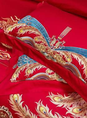 大红色结MBD婚全棉14支双股0缎长绒棉婚庆四套刺绣纯贡件棉多件套