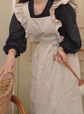 纯棉花边围裙定制logo日式森系花艺美甲厨房家用韩版复古工作服女