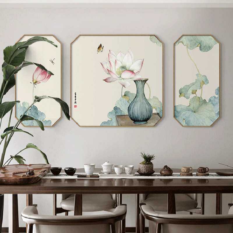 中式八边形三联画 客厅背景组合挂画禅意荷花装饰画支持来图代发