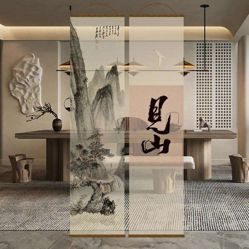 水墨竹双面透景屏风纱中式卷帘隔断帘挂帘水墨窗帘纱帘透光小号隔