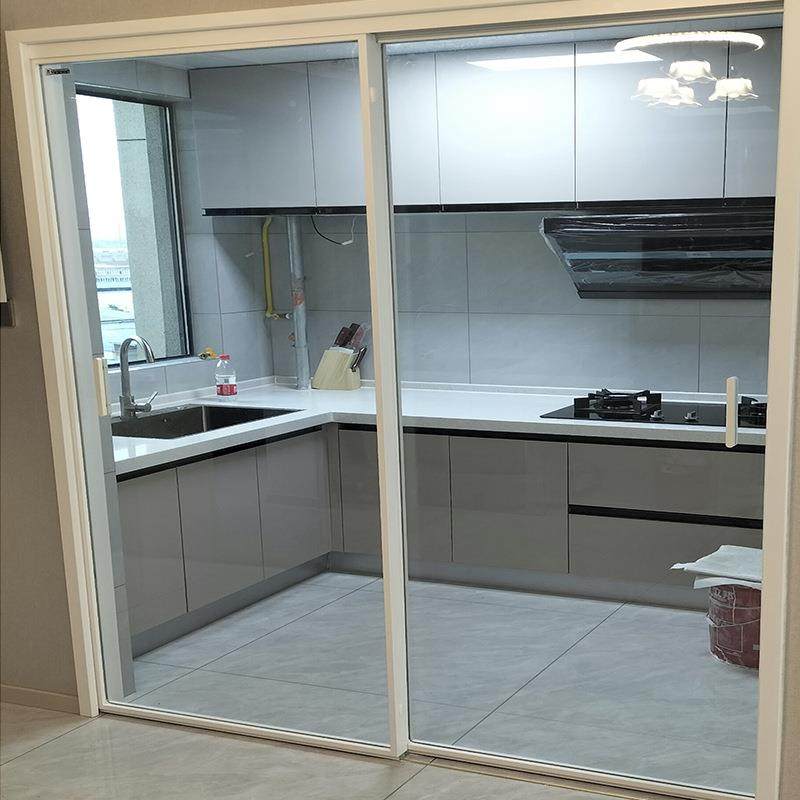 极卧推拉移门厨灰玻璃三房三联动室钛镁合金移门灰玻璃手窄动推拉