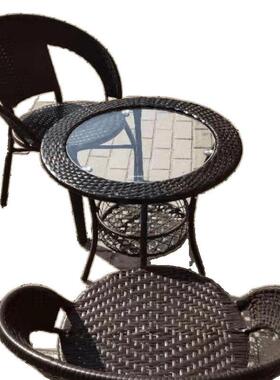 阳台小茶桌小桌26712子藤编茶几钢圆璃化玻休闲小圆桌椅组合简易