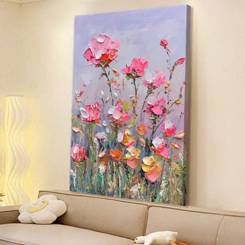风关奶UJX油纯装手绘油画粉色花卉厚肌理客厅饰画抽象玄走廊竖版