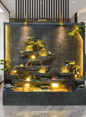 大假湿山水幕墙鱼流缸加器风水轮屏风隔断庭院酒TB674242店餐厅装