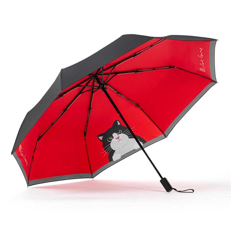 3D防嗮伞遮阳雨伞黑胶三折猫咪印花遮阳伞晴雨两用防晒伞太阳伞
