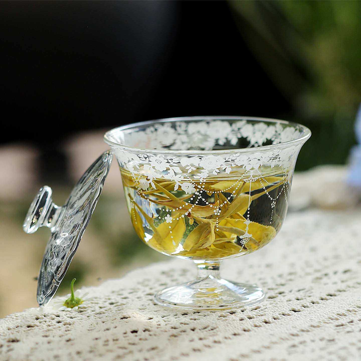 宜室茶话小清新玻璃高足盖碗茶杯单个透明玻璃茶具轻奢家用泡茶碗