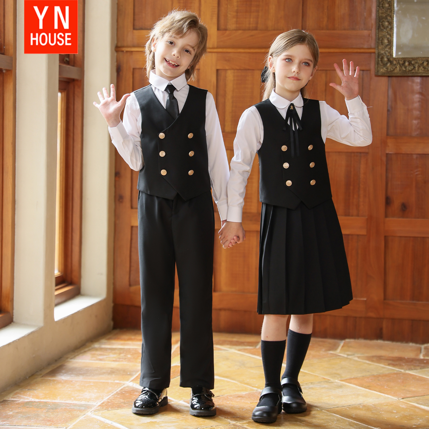 儿童演出服春秋长袖英伦风马甲男女童班服合唱服朗诵开学校服套装