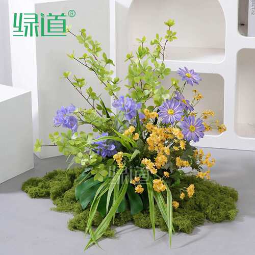 高级仿真花造景组合假绿植装饰庭院室内外软装摆设苔藓洋甘菊紫色