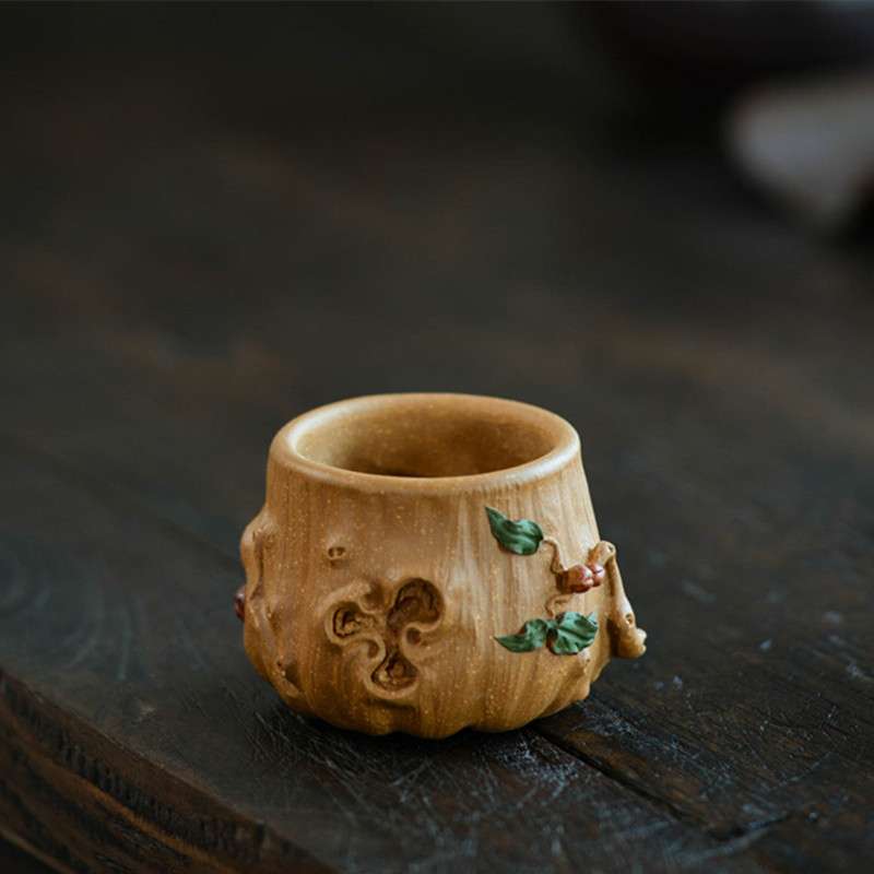 宜兴紫砂杯手工梅桩树桩品茗杯主人杯子贴花叶寿桃单杯茶碗茶具