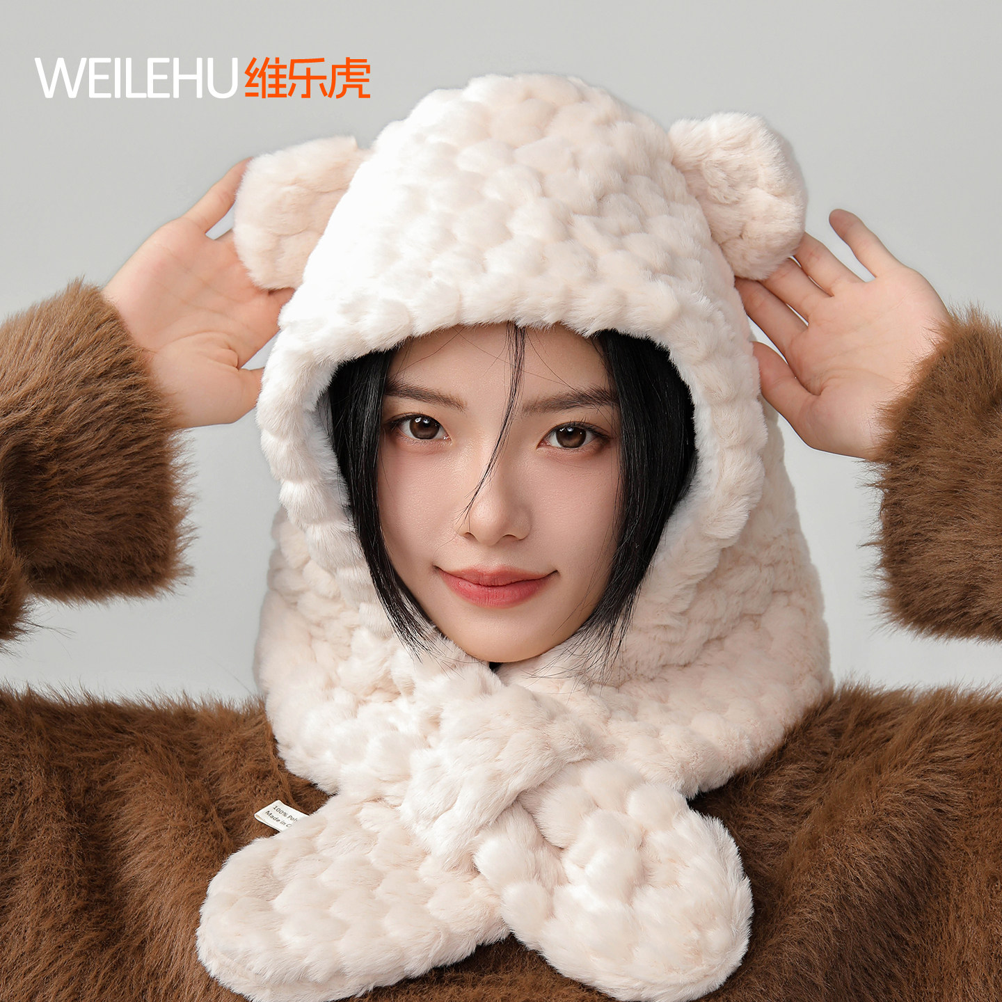 渔夫帽女围巾帽子一体2026秋冬新款猫耳朵可爱护耳加厚保暖毛绒