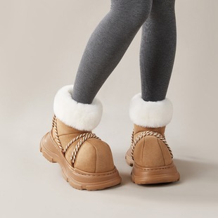 千牧芙东北保暖厚底雪地靴女防滑冬中筒加绒加厚2025新款 外穿棉鞋