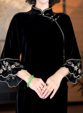 新中式立领斜襟刺绣上衣女2025秋季新款黑色盘扣气质显瘦国风衬衫