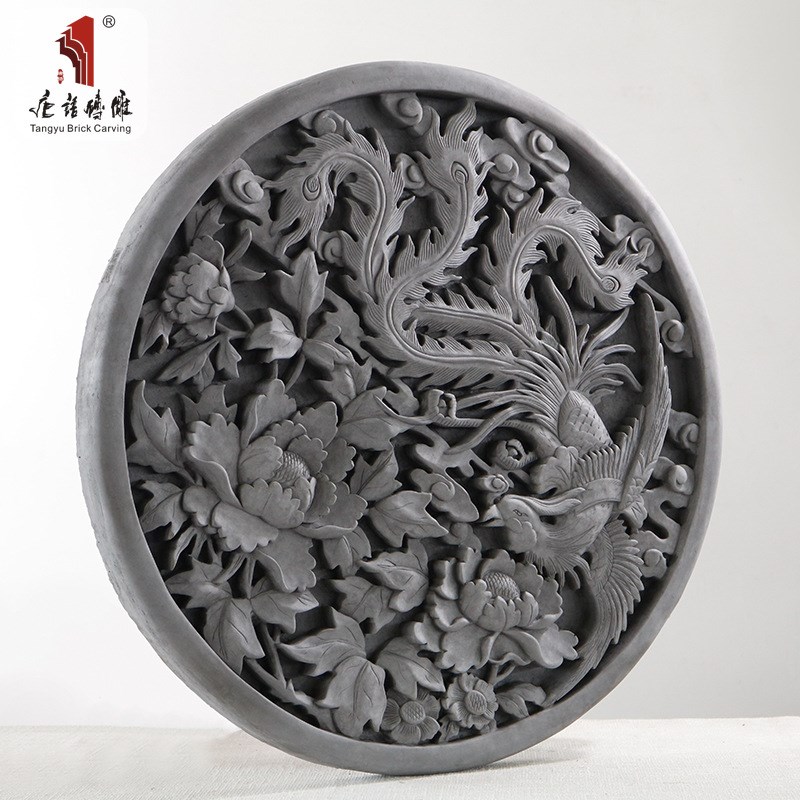 唐语仿古砖青砖圆形砖雕影壁照壁挂件背景墙景观装饰70cm凤戏牡丹