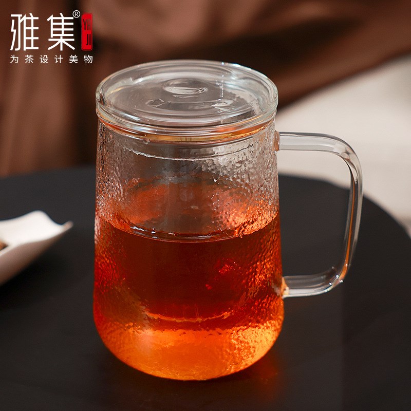 雅集茶具锤纹茶屿杯加厚高硼硅玻璃杯耐热带盖带把手过滤泡茶娜幽