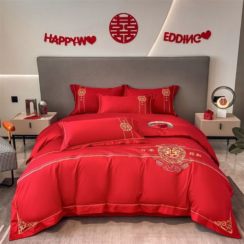 高端刺绣裸睡婚庆四件套 水洗磨毛红色新婚嫁妆结婚四件套直销