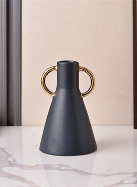 轻奢现代时尚黑色电镀金色双耳亚光磨砂陶瓷花瓶摆件三件套祝余