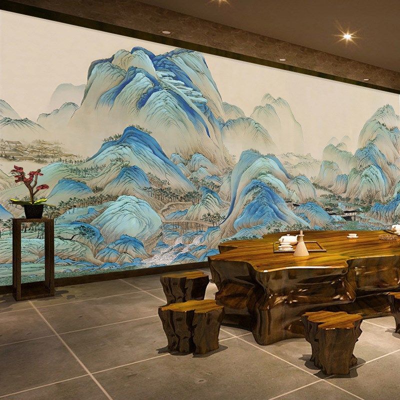 复古中式茶室墙纸国画千里江山书房客厅电视背景壁布酒店大堂餐厅