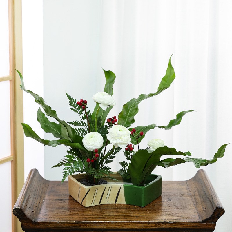 日本进口织部烧日式小原流陶瓷花盆花艺剑山插花器皿摆件