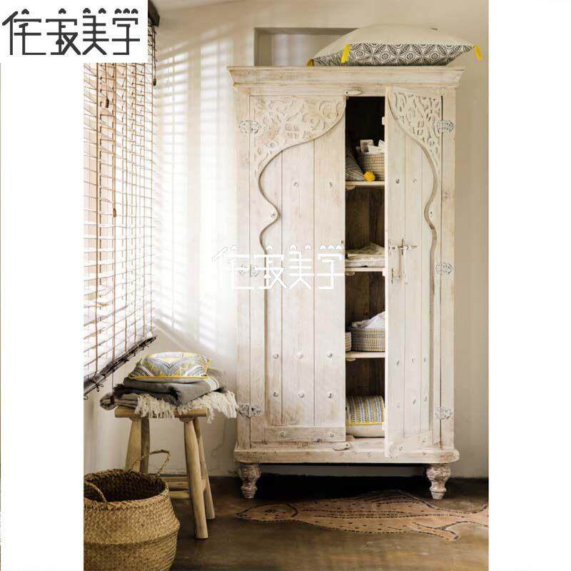 美式实木雕花衣柜法式复古做旧实木民宿衣柜两门创意仿古衣橱定制