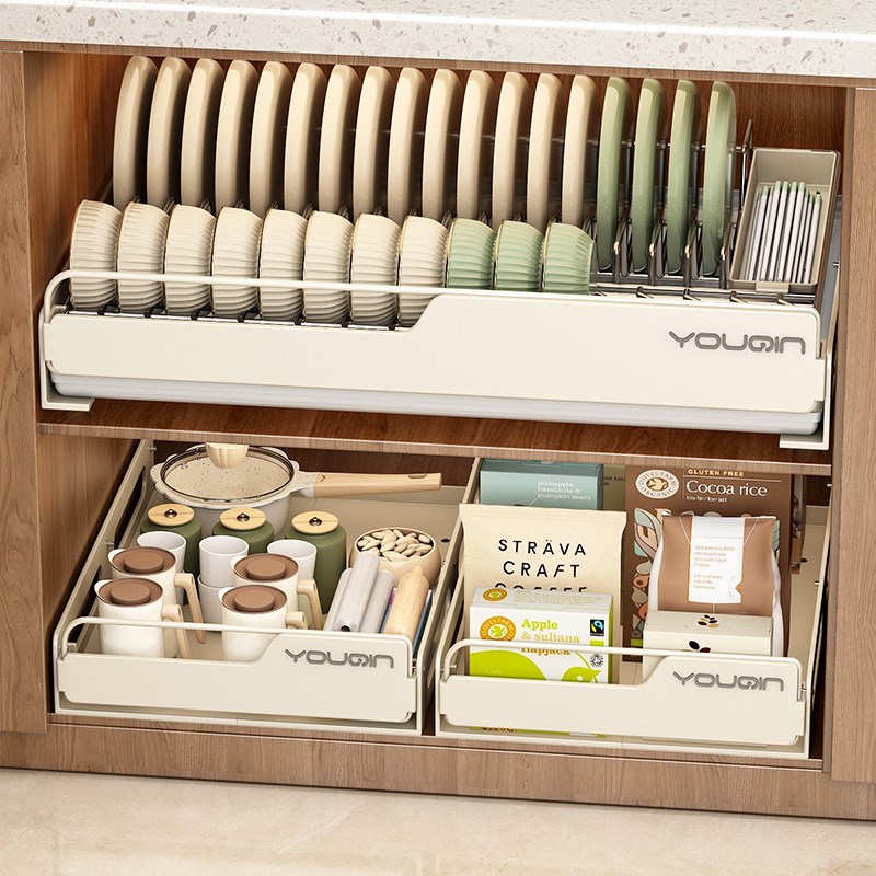 不锈钢碗碟收纳架厨房橱柜内抽屉置物架抽拉式拉篮碗盘子沥水碗架