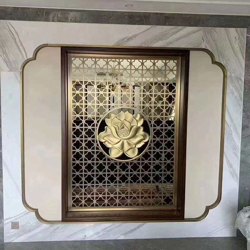 酒店新中式入户玄关金属隔断背景墙雕花花格镂空玫瑰金铝合金屏风