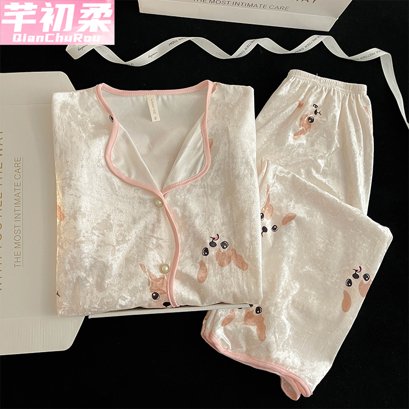 金丝绒公主开衫女睡衣套装